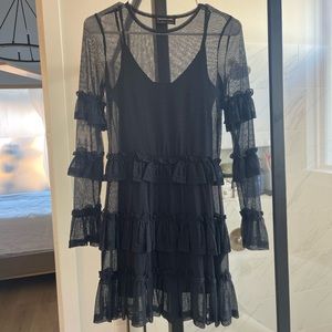 The Fifth Label - Navy sheer layered ruffle cocktail dress